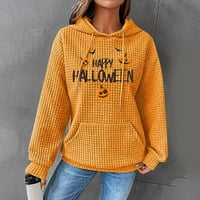 Дамски върхове дамски печат качулка свободен пуловер дълъг ръкав с струнен джоб качулка пачуърк модни дрехи