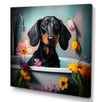Дизайнарт смешно куче в банята с цъфтящи цветя и платно стена изкуство