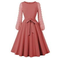 Разрешаване на рокли с дълъг ръкав за жени, ежедневни, сладки, есенно мода, розово, женски дълъг ръкав кръгла шия плътна цветна
