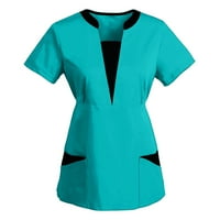 yuehao тениски за жени жени с къси ръкави V-образни върхове работят равномерно твърдо пачуърк цвят джоб блуза