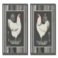 Винтидж бяла кокошка и петел на сив фон: Две отпечатъци на плакати