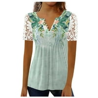 Дамски върхове с къс ръкав небрежна блуза флорални жени летни тениски на Хенли мента зелена m