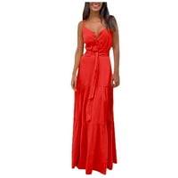 Лятна рокля за жени модни жени лято бохо без ръкави за безцелни деколте-банда рокли плажни рокли полиестер червено 2xl