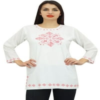Phagun Women's Full Deanve White бродирани памучни туники ризи етнически топ-4