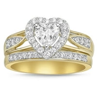 Стерлингово Сребро с 14 позлатено сърце с ореол симулирани диамантени сватбени пръстени