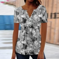 Feternal женска риза Блуза бутон ретро печат с къс ръкав Небрежен основен кръгъл врат Редовни горни облечени блузи за жени