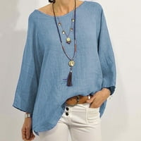 Дамски летни ежедневни върхове памучно бельо с дължина на шията в ръкав с твърд цвят тениска с разхлабена монтирана блуза пуловер