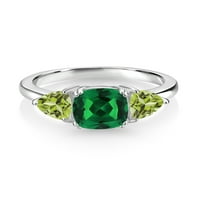 Gem Stone King 1. CT възглавница Зелен нано изумруден зелен перидот стерлингов сребърен 3-каменна годежен пръстен