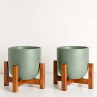 Праскова и камъче 7 комплект от две горски зелени яйцевидни плантатори + Средна дървена стойка