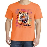 Дива Боби, тигър ръмжене на цветни трипи, любител на животни, боядисана с дреха измит тениска с къс ръкав, неоново оранжево, X-голяма