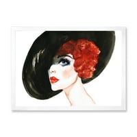 Дизайнарт 'портрет на жена с червена глава дама в шапка' модерна рамка Арт Принт