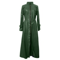 Symoid Womens Coats & Jackets- Мода секси есен и зима солидна дълга кожена палто имитация на кожени кожени палто от армия зелено