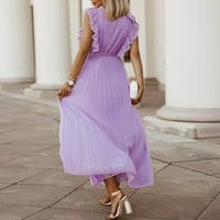 Дамски рокли Clearance maxi с късо ръкав мода a-line солидна V-образна летна рокля лилаво 2xl