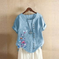 Тениски ризи за жени, дамски върхове с къс ръкав небрежна летна графика флорален отпечатан памучен блуза туники, синьо, xxxxxl,