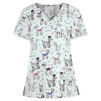Клирънс дамски летни върхове V-образно деколте за работно облекло Блуза Графични отпечатъци Жени Разхлабени къси ръкави блузи, бели, xxxl