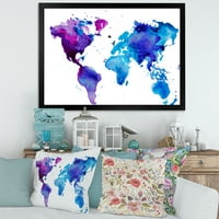 Дизайнарт 'синьо и лилаво карта на света' модерна рамка Арт Принт