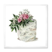 Дизайнарт 'бели цветя и розови рози върху торта' традиционен Арт Принт в рамка