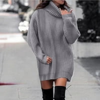 Дамски пуловери есен зимен водолада пуловер плътно цвят средна дължина плетен пуловер сиво