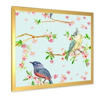 Дизайнарт 'птици и цветя модел в синьо' традиционна рамка Арт Принт