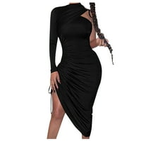 Рокли за жени женска обвивка със средна дължина твърд дълъг ръкав макет секси плътно прилепнали рокли от обвивка черен xxl