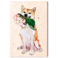 Уинууд студио Животни Принт Шиба с цветя кучета и кученца - Оранжево, зелено